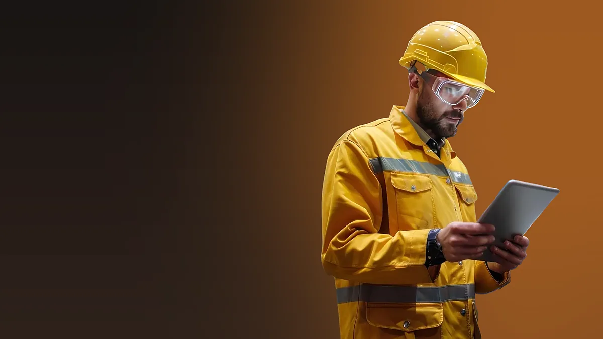 Quality inspector in a hard hat checking test results on a tablet